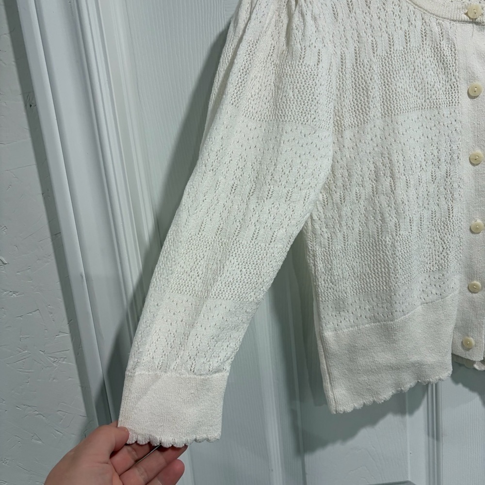 2/$25 White Scalloped Hem Cardigan with Open Knit Pattern and Button Closures - Picture 3 of 5